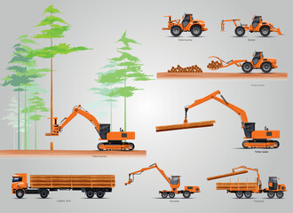 The forestry production machines. Forestry tractors, trucks and loggers hydraulic machinery detailed editable silhouettes illustration collection background vector. Equipment for forestry industry. - obrazy, fototapety, plakaty