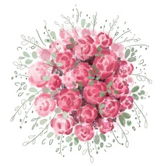 Bouquet of pink peonies, top view. Watercolor drawing on a white background. - 520317423