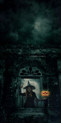 Halloween witch with pumpkin monster head standing over ancient castle window, full moon with spooky cloudy sky, Halloween mystery concept