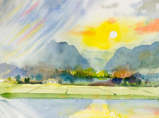 Watercolor painting original landscape colorful of rice field with rainy season mountain.