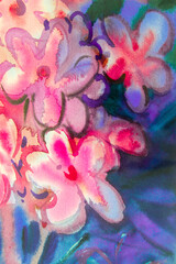 Semi- abstract colorful watercolor painting of spring pink flowers.