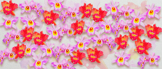 Watercolor painting pink and red cattleya orchid isolate flowers realistic for wallpaper - obrazy, fototapety, plakaty
