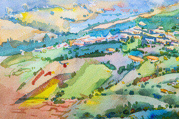 Fototapeta na wymiar Abstract watercolor landscape original painting on paper colorful of Village.