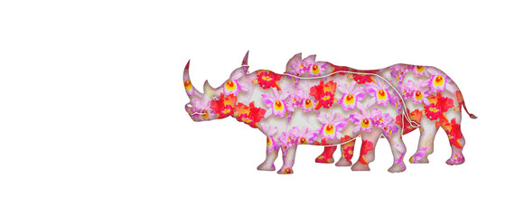 Watercolor painting illustration rhinoceros with cattleya orchid.