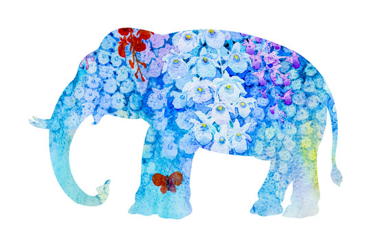 Beautiful nature with Asian elephant isolated and forest preservation. Abstract watercolor original painting elephant with brunch of orchid flowers and butterflies fly in blue background.