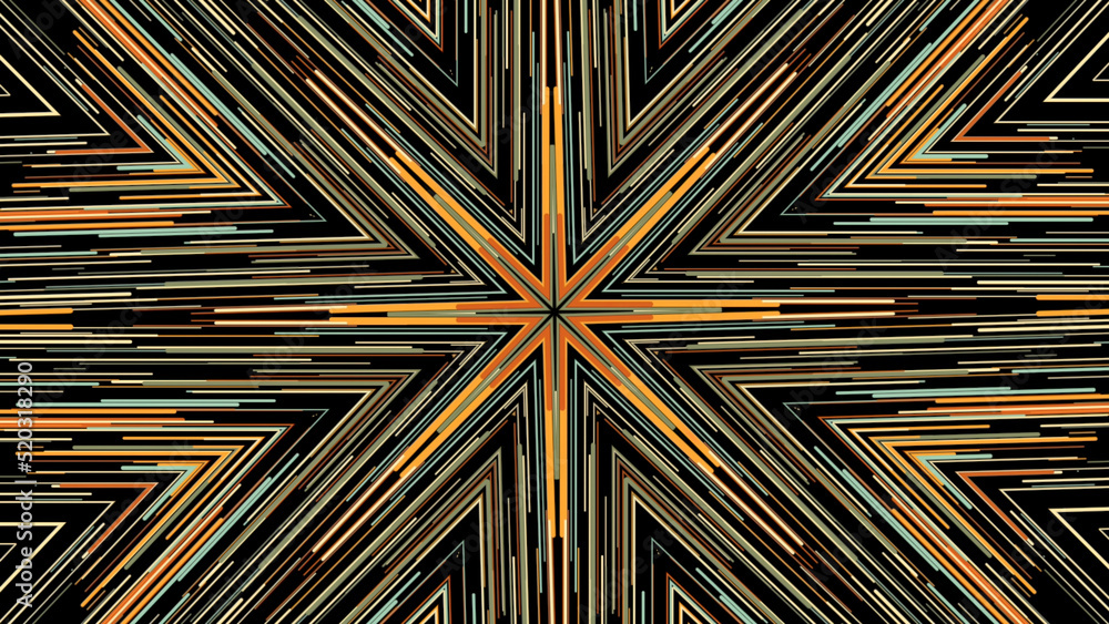 Poster hypnotic abstract kaleidoscope with moving neon rows of lines changing their color. animation. live 