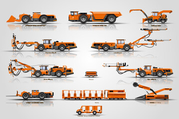 The set mine mining vehicles. The machine of  mine mining underground operations. Equipment for construct tunnel . - obrazy, fototapety, plakaty