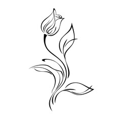 ornament 2410. stylized flower bud on a curved stem with leaves and swirls in black lines on a white background