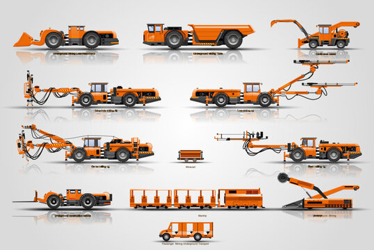 The set mine mining vehicles. The machine of  mine mining underground operations. Equipment for construct tunnel .