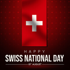  Swiss National Day with waving flag in a red 3d rendered Room. Switzerland's national holiday backdrop