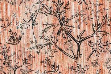 Seamless texture with the image of grass bushes made by a black line on the background of pastel strokes