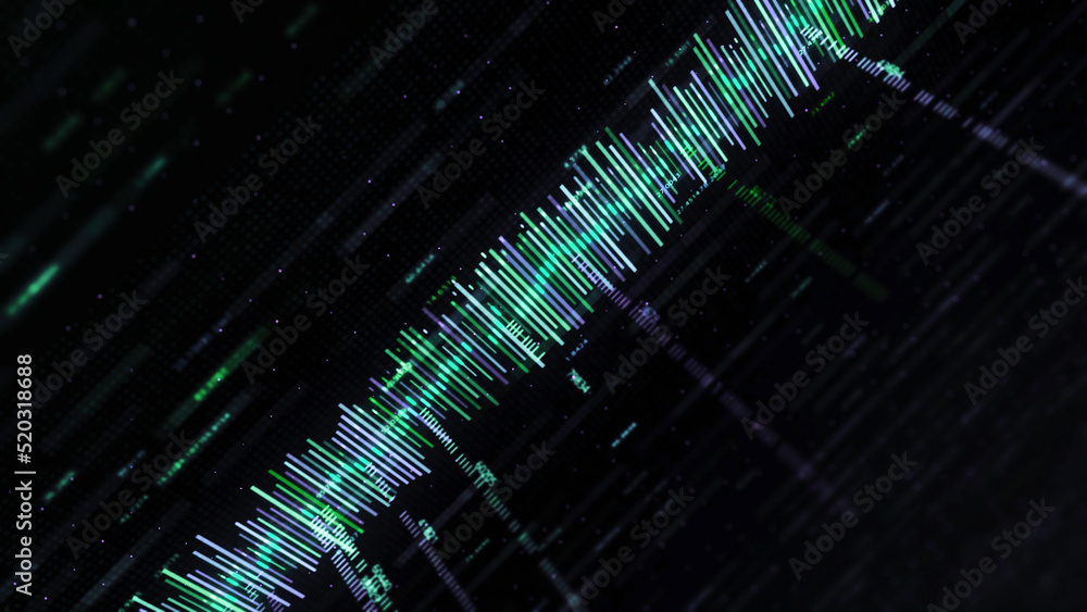 Poster Abstract background with music track and numbers. Animation. Abstract color equalizer moves with numbers on black background. Computer equalizer matrix