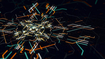 Explosion of energy neon lines. Animation. Neon lines explode creating pattern of motherboard. Lines move in computer pattern