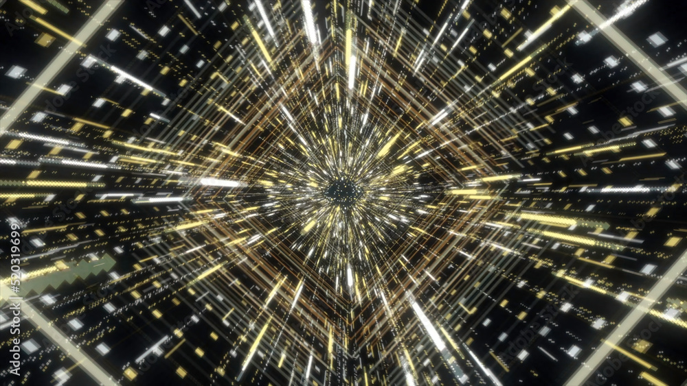 Poster hypnotic abstract animation of holographic corridor or tunnel with neon geometric patterns and lines