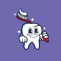Cartoon tooth holding a toothbrush smiling