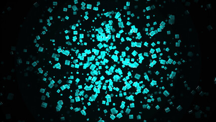 Computer generated abstract background, 3D rendering backdrop. Animation. Abstract animation of small neon multicolored 3d particles floating slowly on the black background.