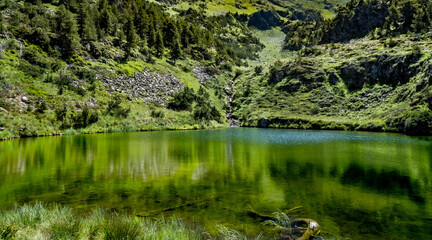 Wonderful lake in the Pyrenees surrounded by a lush and green environment of vegetation. Reflections of the mountain in the water of the lake.