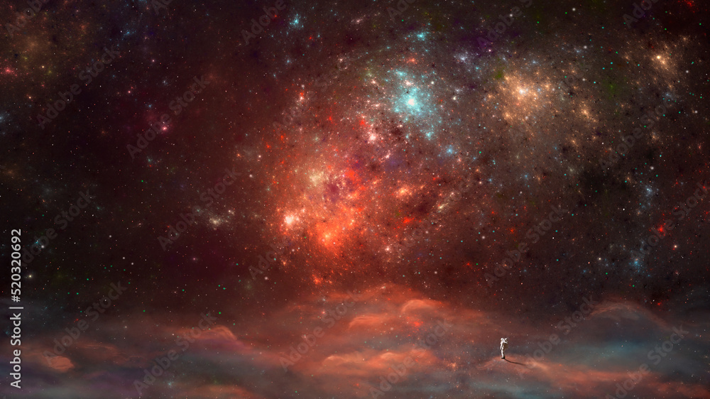 Wall mural space background. astronaut standing on fog, clouds surface with colorful fractal nebula. fantasy di