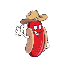 cowboy hot dog mascot with thumbs up design