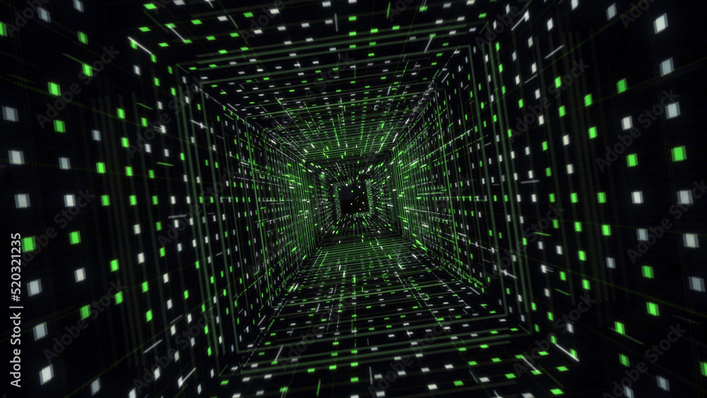 Poster hypnotic abstract animation of holographic corridor or tunnel with neon geometric patterns and lines