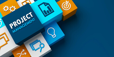 3D render of wide perspective of PROJECT MANAGEMENT business concept with colorful cubes on dark blue background