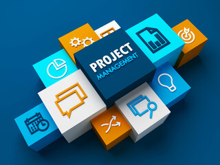 3D render of perspective of PROJECT MANAGEMENT business concept with colorful cubes on dark blue background