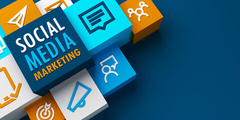 3D render of wide perspective of SOCIAL MEDIA MARKETING business concept with colorful cubes on dark blue background