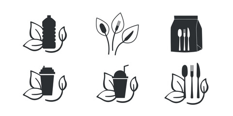 Fast food and take away eco packaging symbol for restaurant, cafe, bistro and diner. Plastic free and recyclable. Editable stroke. Vector stock illustration isolated on black background. 