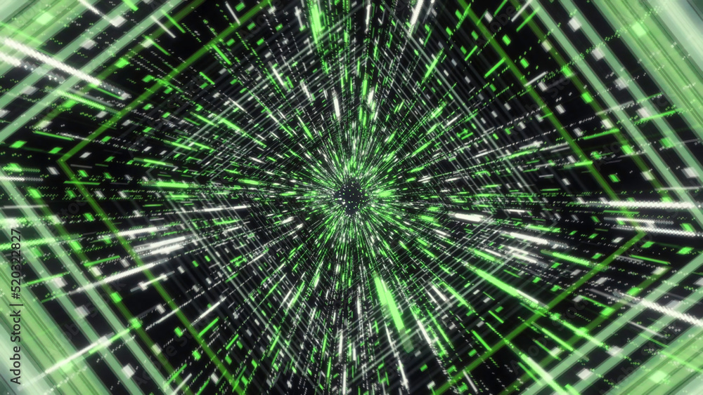 Poster hypnotic abstract animation of holographic corridor or tunnel with neon geometric patterns and lines