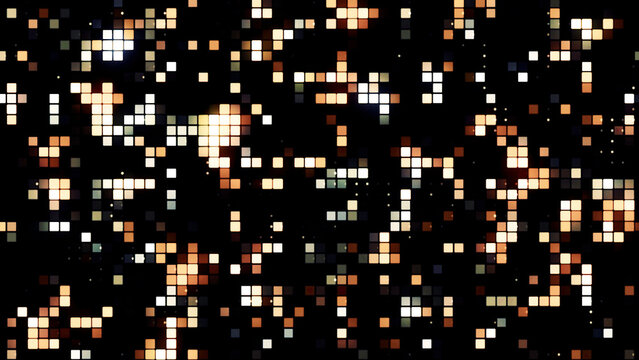 Abstract retro gaming background with blinking pixels, seamless loop. Motion. Schematic running snakes on a black backdrop.