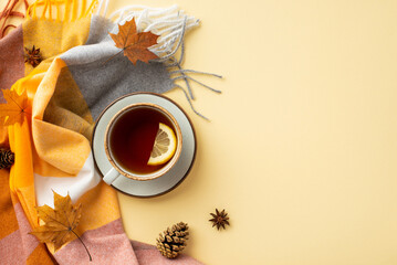 Autumn aesthetic concept. Top view photo of cup of tea with lemon slice on saucer anise yellow maple leaves pine cones and scarf on isolated pastel beige background with copyspace