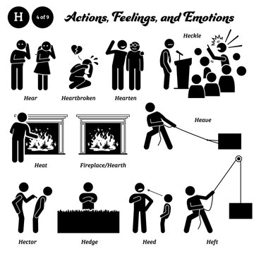 Stick figure human people man action, feelings, and emotions icons alphabet H. Hear, heartbroken, hearten, heckle, heat, fireplace, hearth, heave, hector, hedge, heed, and heft.