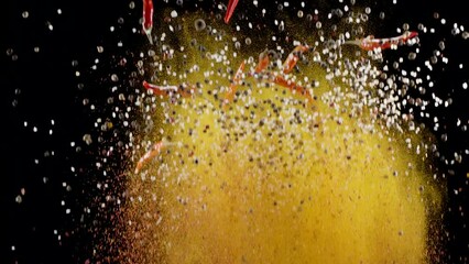 Mixture of ground spices, assorted peppers, salt and small red chili peppers slowly rise and fall against a black background. 300fps