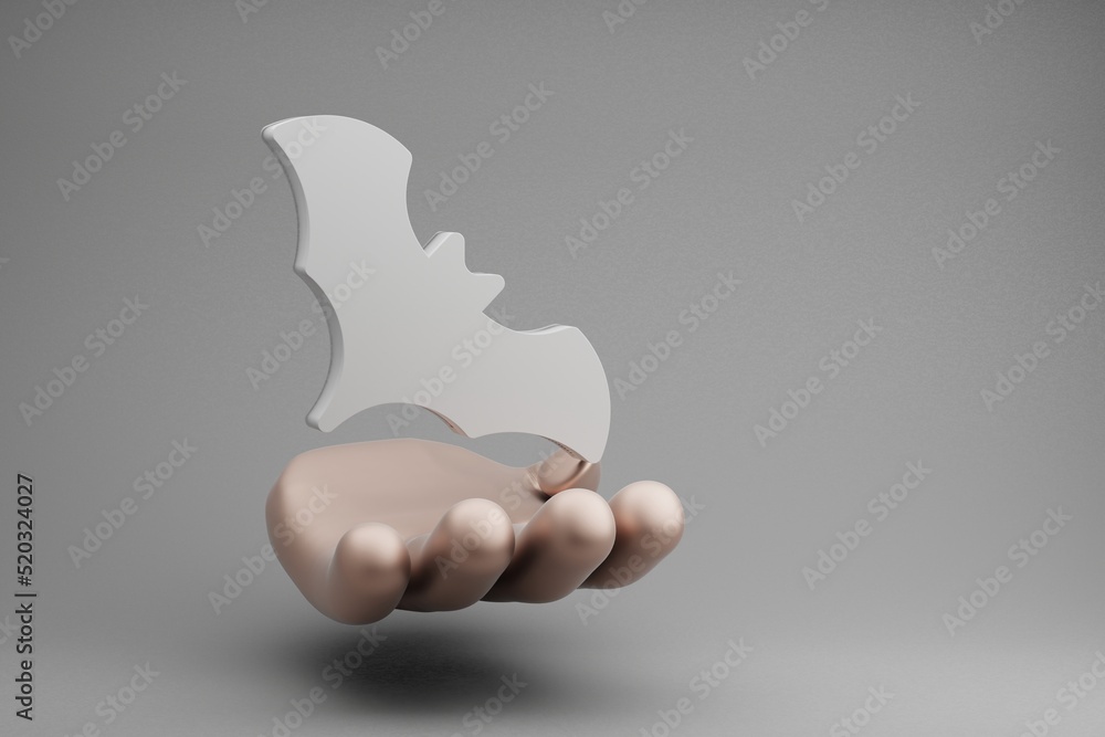 Poster beautiful abstract illustrations golden hand holding halloween bat symbol icon on a gray background.