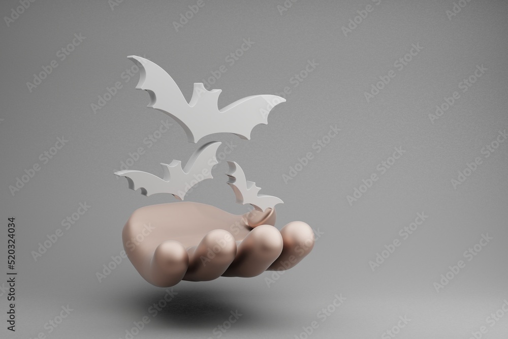 Poster beautiful abstract illustrations golden hand holding halloween bats symbol icon on a gray background