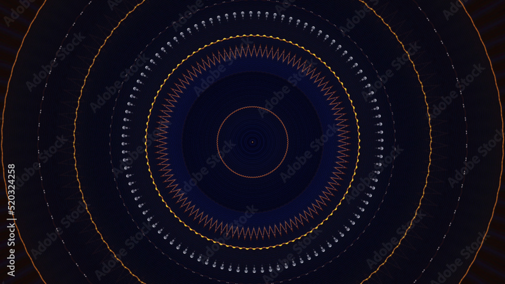 Poster circular waves motion graphics on black background, seamless loop. animation. abstract sound technol