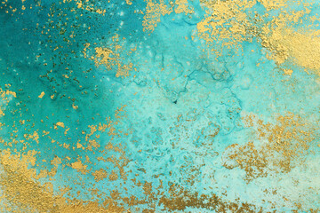 art photography of abstract fluid painting with alcohol ink, blue and gold colors