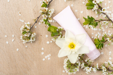 Fototapeta na wymiar Blank white cosmetics tube and spring flowering tree branch with white flowers on pastel background. Front view