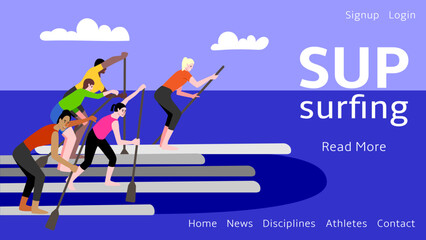 Web banner for sup surfing competitions. A group of athletes on their way to the finish line. Vector flat illustration. - obrazy, fototapety, plakaty