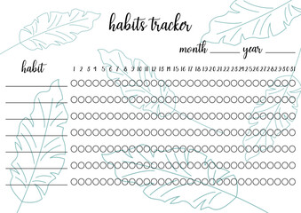 Habits tracker printable template. Blank notebook page horizontal A4. Vector illustration of paper sheet for marking habits success in month. Tropical background