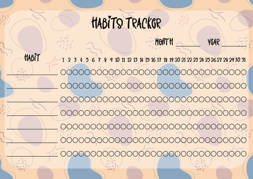 Habits tracker printable template. Blank notebook page horizontal A4. Vector illustration of paper sheet for marking habits success in month