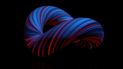 Coloured curved figure torus. Three-dimensional animation of bundle of twisted in circle of luminous threads. Abstract neon animation of torus in isolated space