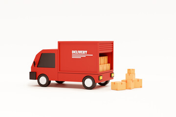Red delivery car deliver express with cardboard boxes cartoon shipping and transportation concept on white background 3d rendering - obrazy, fototapety, plakaty