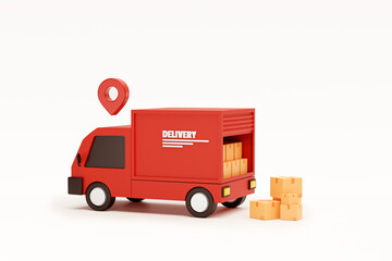 Red delivery car deliver express and Pin pointer mark location delivery transportation logistics concept on white background 3d rendering illustration - obrazy, fototapety, plakaty