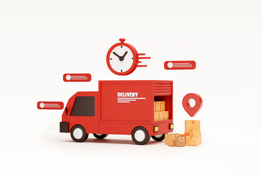 Red delivery car deliver express Shipping fast delivery truck and Pin pointer mark location and cardboard boxes with bubble chat message and clock background 3d rendering illustration