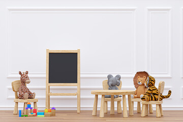 Kids playroom with stuffed toy animals and play teepee. 3d rendered illustration.