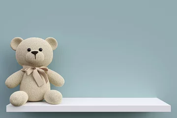 Fotobehang Stuffed toy teddy bear on a white shelf. 3d rendered illustration. © SOPONE