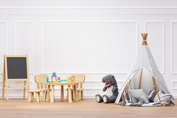 Kids playroom with stuffed toy animals and teepee. 3d rendered illustration.