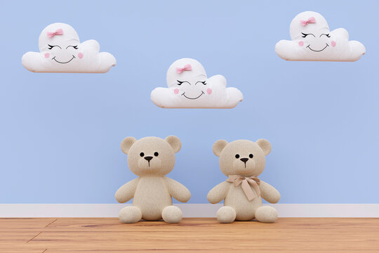 3d rendered illustration of cute teddy bears and squishmallow cloud pillows.
