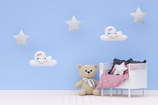 3d rendered illustration of a cute teddy bear in a bedrrom with and squishmallow pillows and stars decoration on wall.